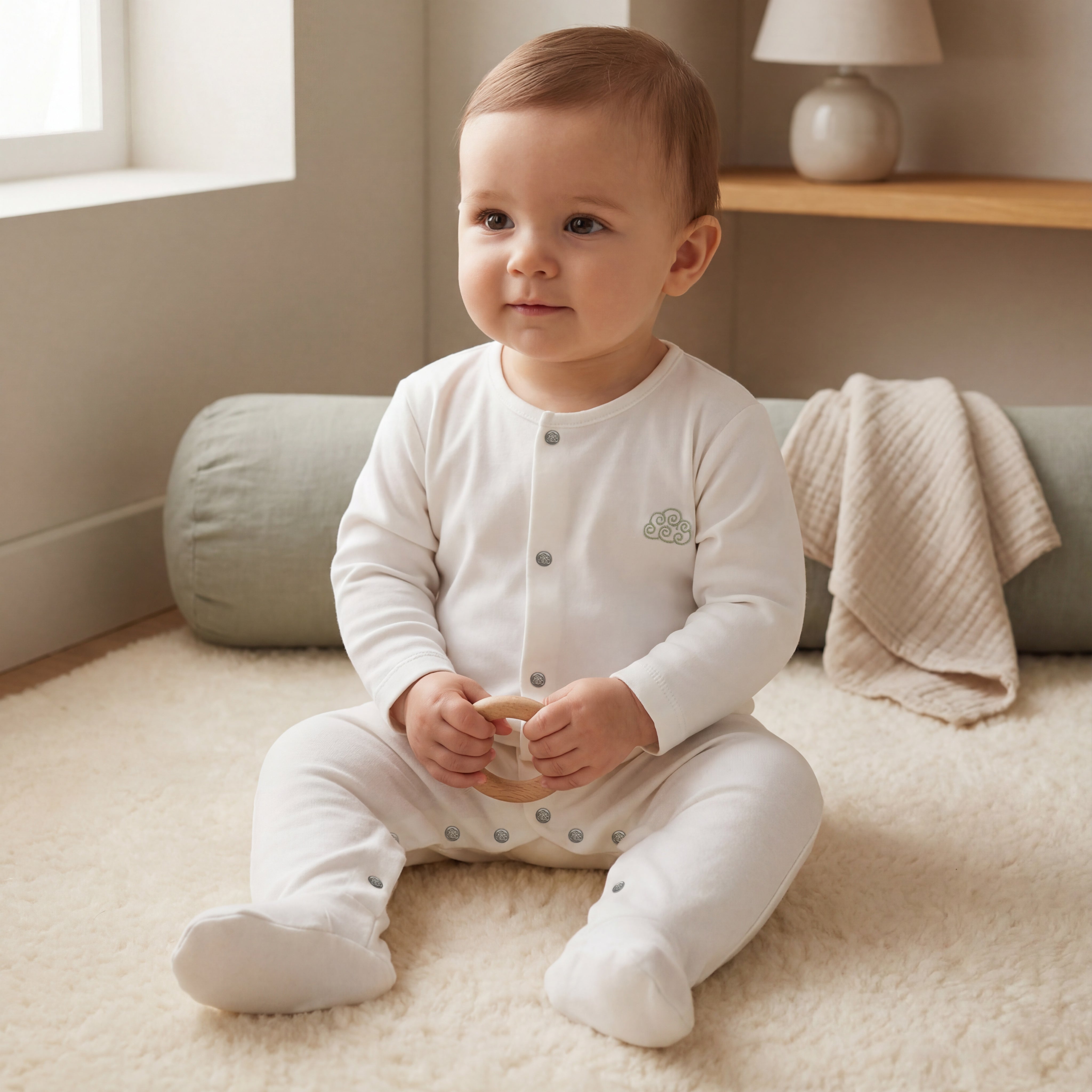 %100 Pamuk Bulut Nakışlı Pijama Tulum