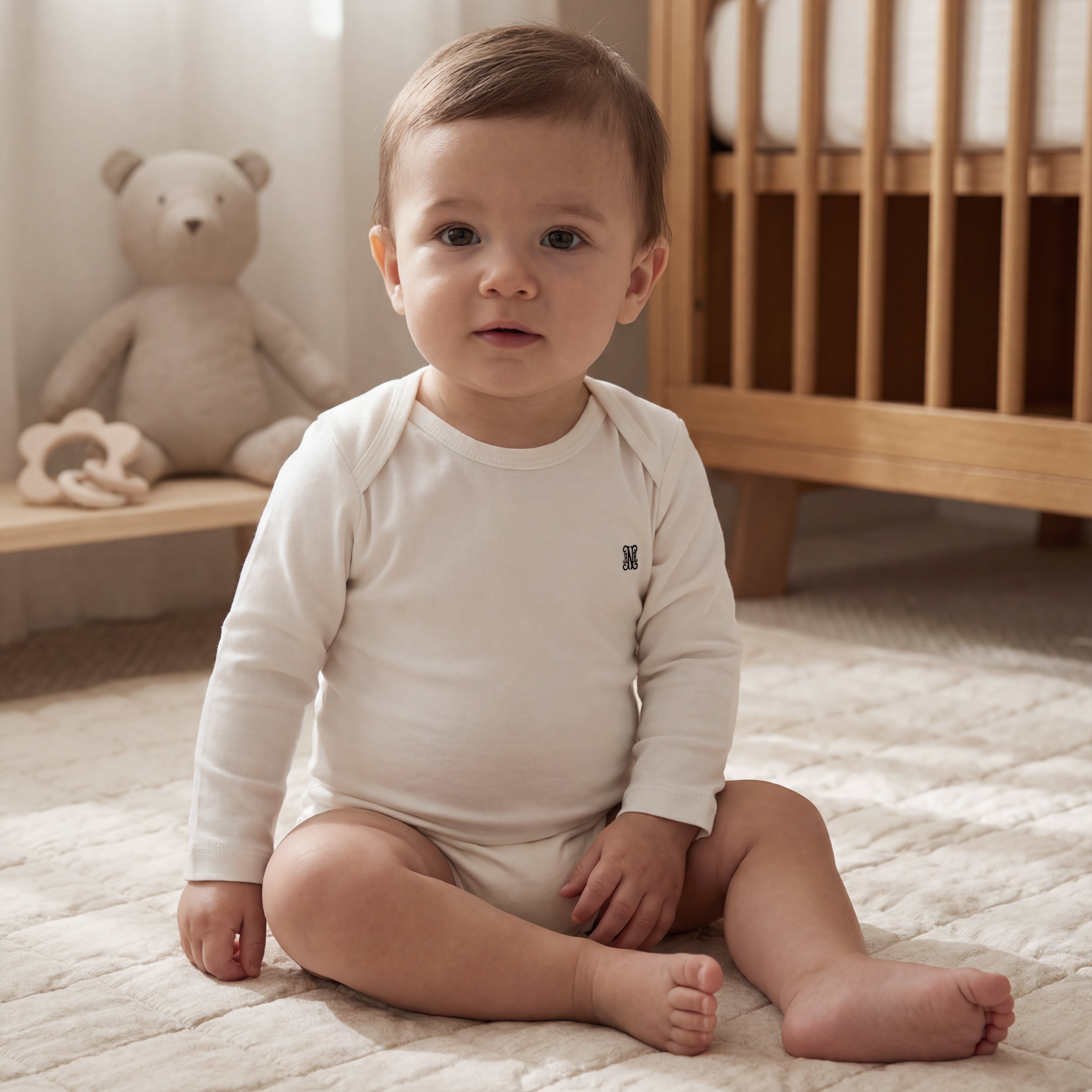 %100 Pamuk Uzun Kollu Monogram Nakışlı Body